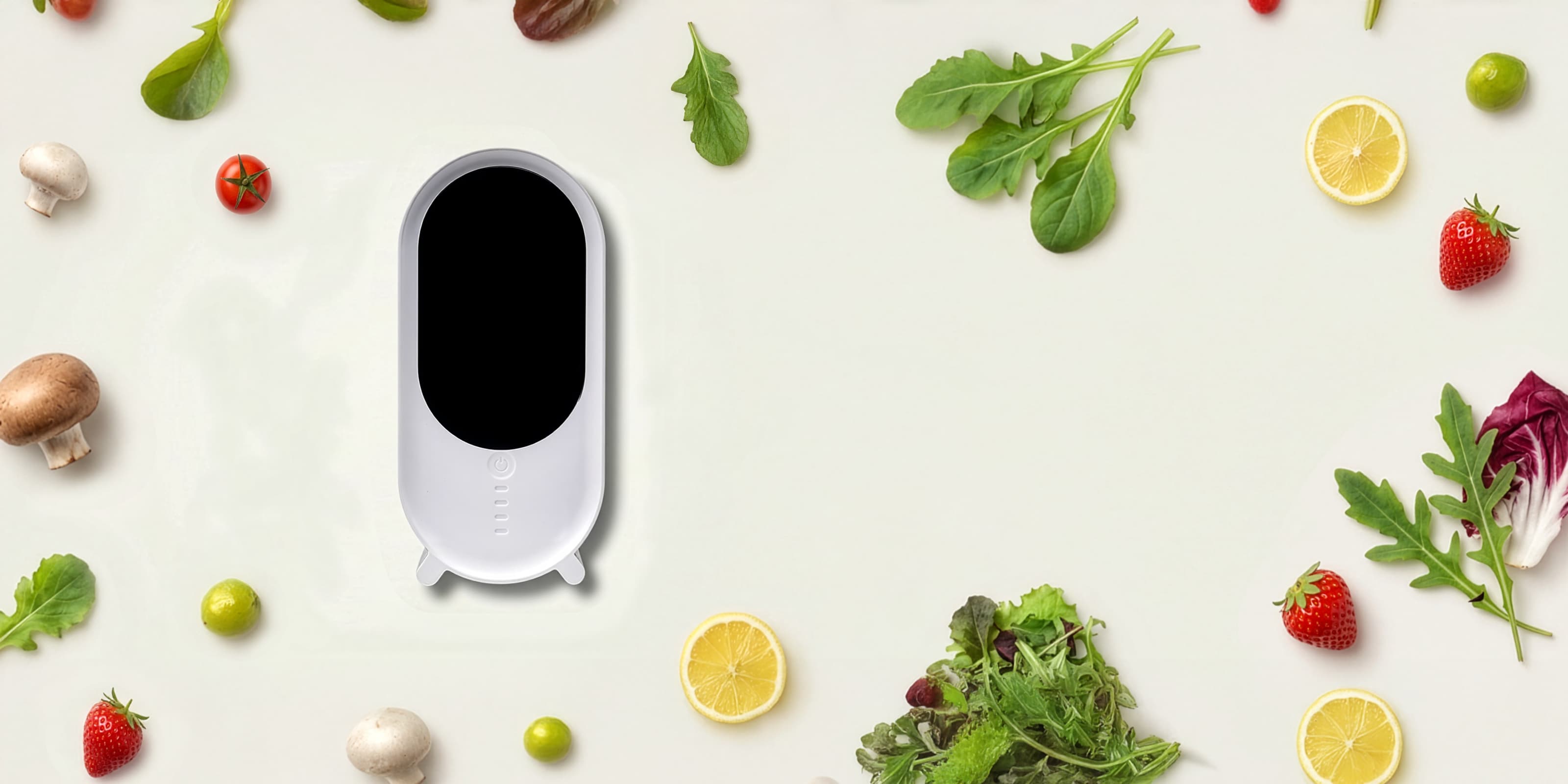 Holus — purificateur de réfrigérateur, entouré de fruits et légumes frais