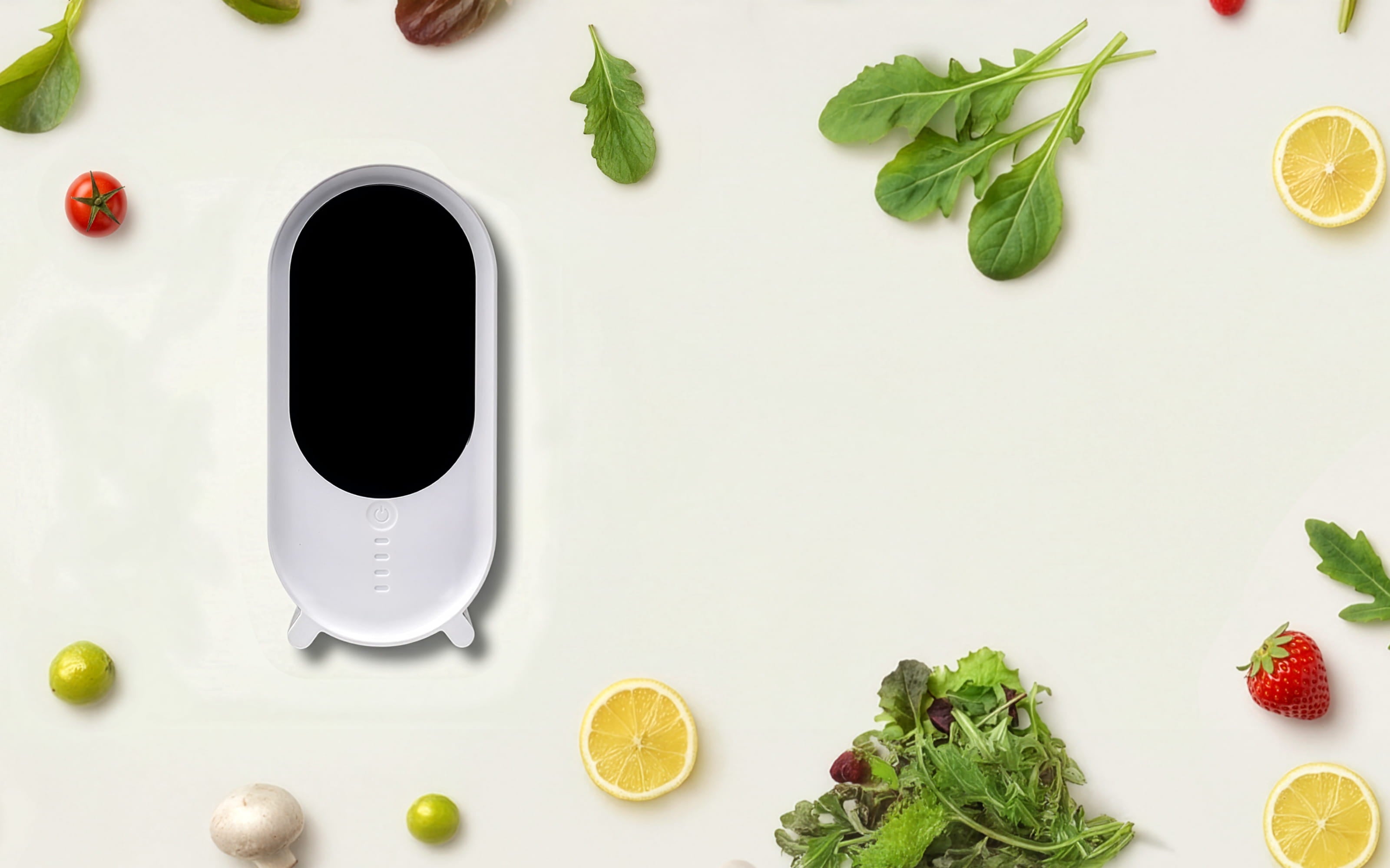 Holus — purificateur de réfrigérateur, entouré de fruits et légumes frais