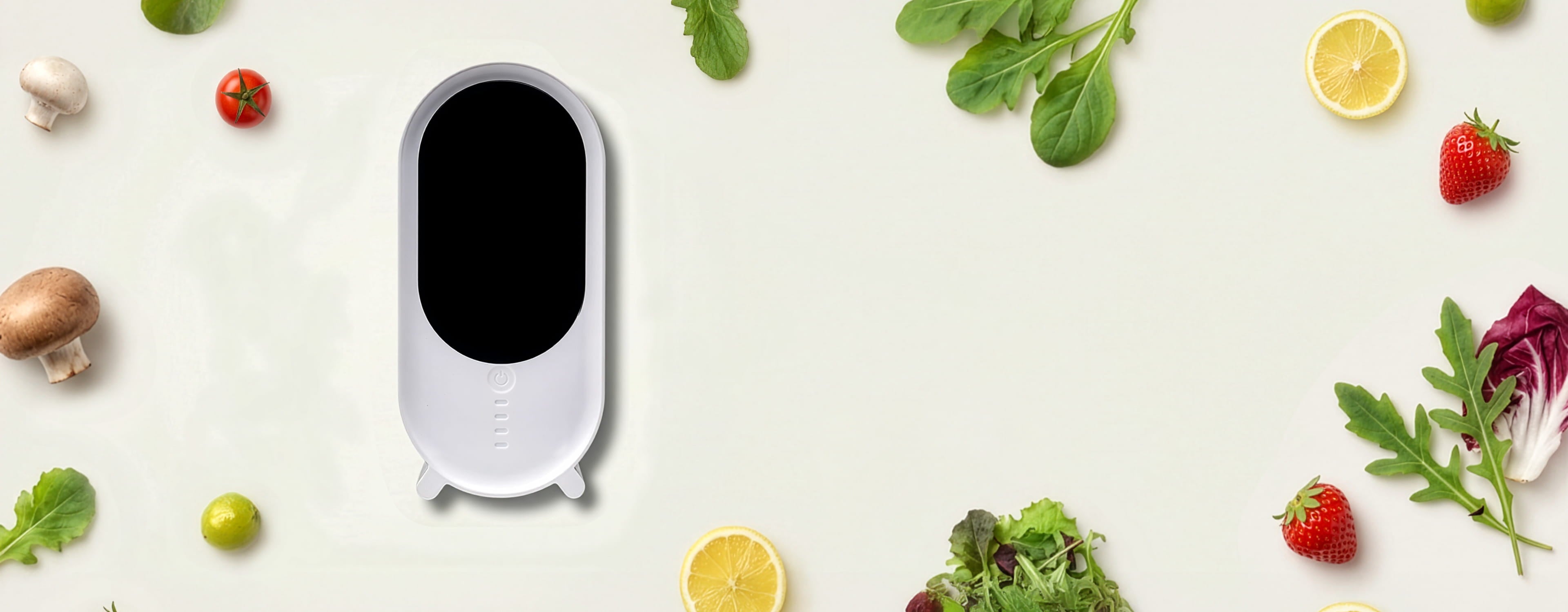 Holus — purificateur de réfrigérateur, entouré de fruits et légumes frais