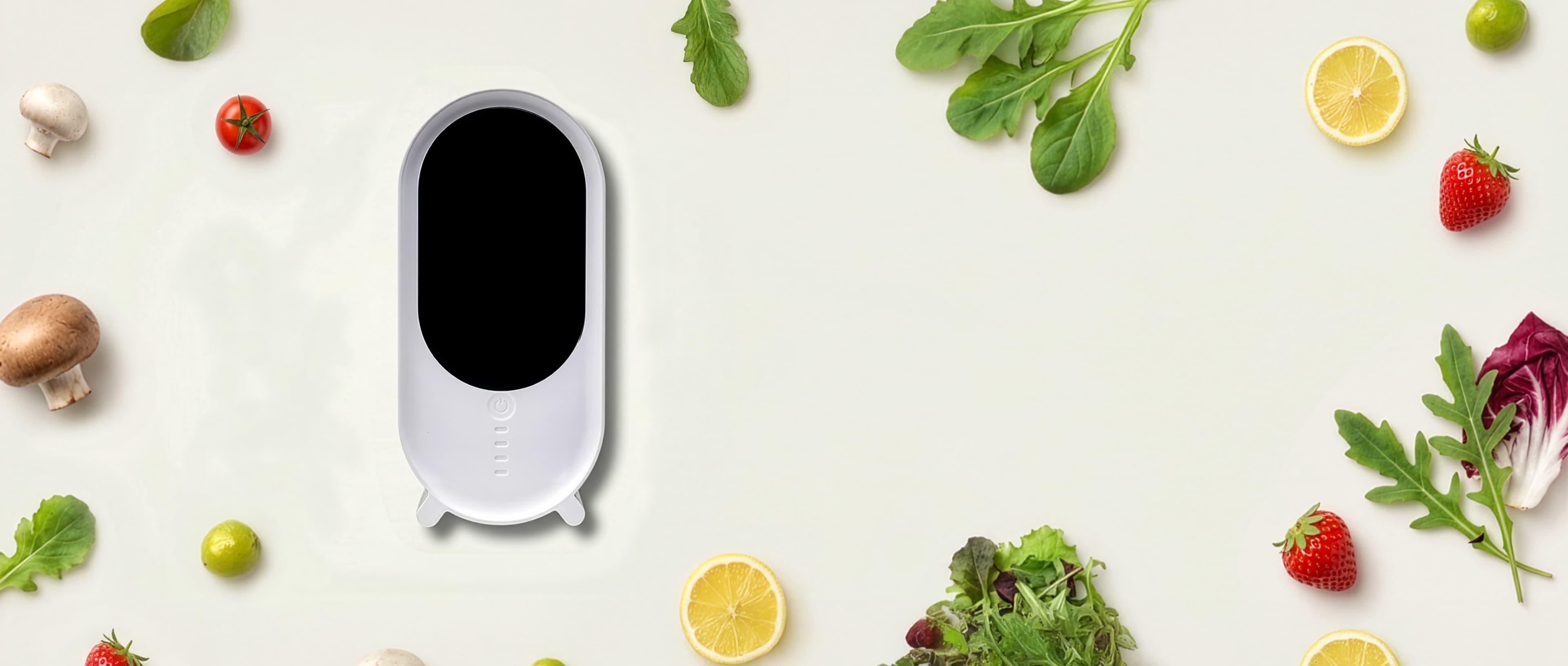 Holus — purificateur de réfrigérateur, entouré de fruits et légumes frais