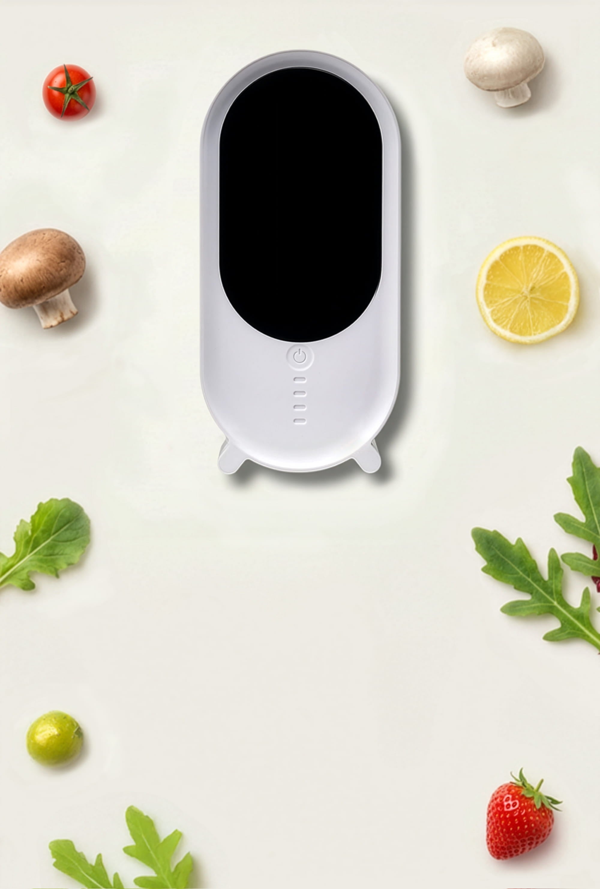 Holus — purificateur de réfrigérateur, entouré de fruits et légumes frais