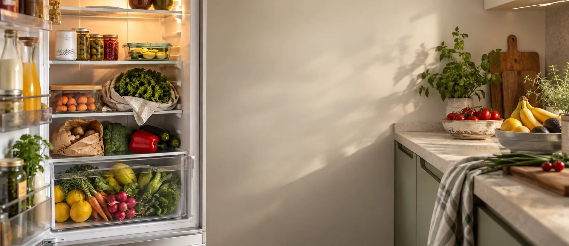 Fruits et légumes conservés de différentes façons dans et hors du réfrigérateur